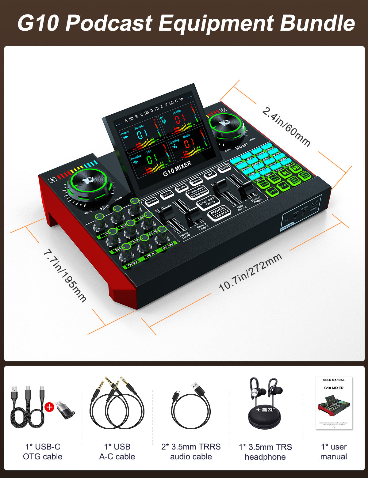 G10 Audio Interface, Podcast Equipment, Live Sound Card for Streaming, 48V Phantom Power, Sound Board, Voice Changer, Audio Mixer with Sound Card for PC Recording Gaming Singing