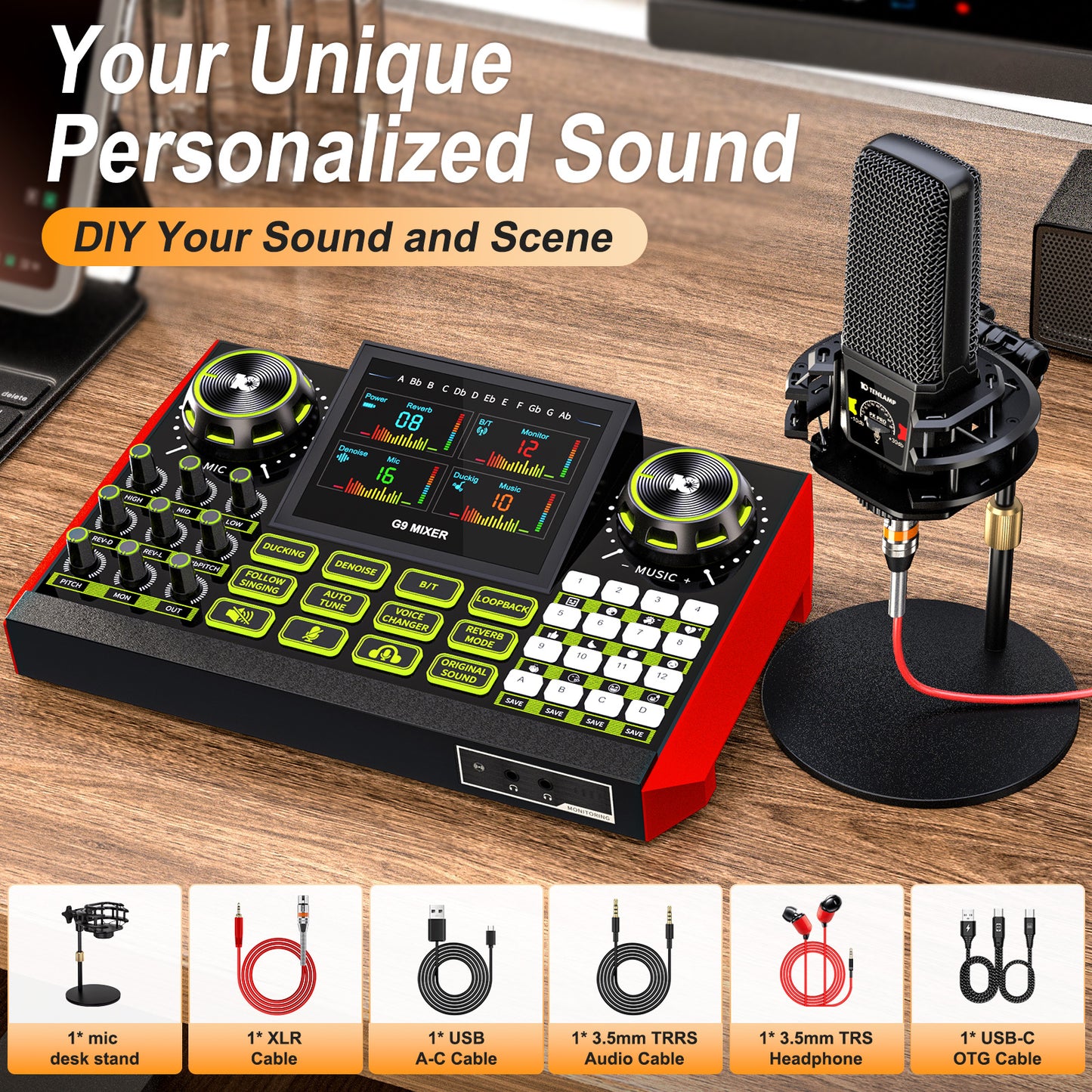 Launch Your Stream: Tenlamp G9-pkpro All-in-One Podcast Bundle | Studio Mic, Live Sound Card, Voice Effects for PC/Phone