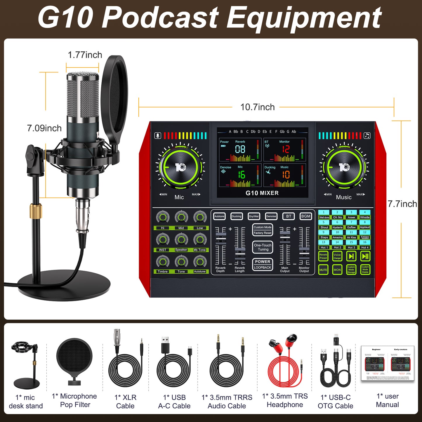 TENLAMP G10-P15 All-in-One Podcast Equipment: Live Sound Card Audio Mixer with 3.5mm Condenser Microphone, Voice Changer Sound Board for PC/Phone Streaming, Singing & Gaming.