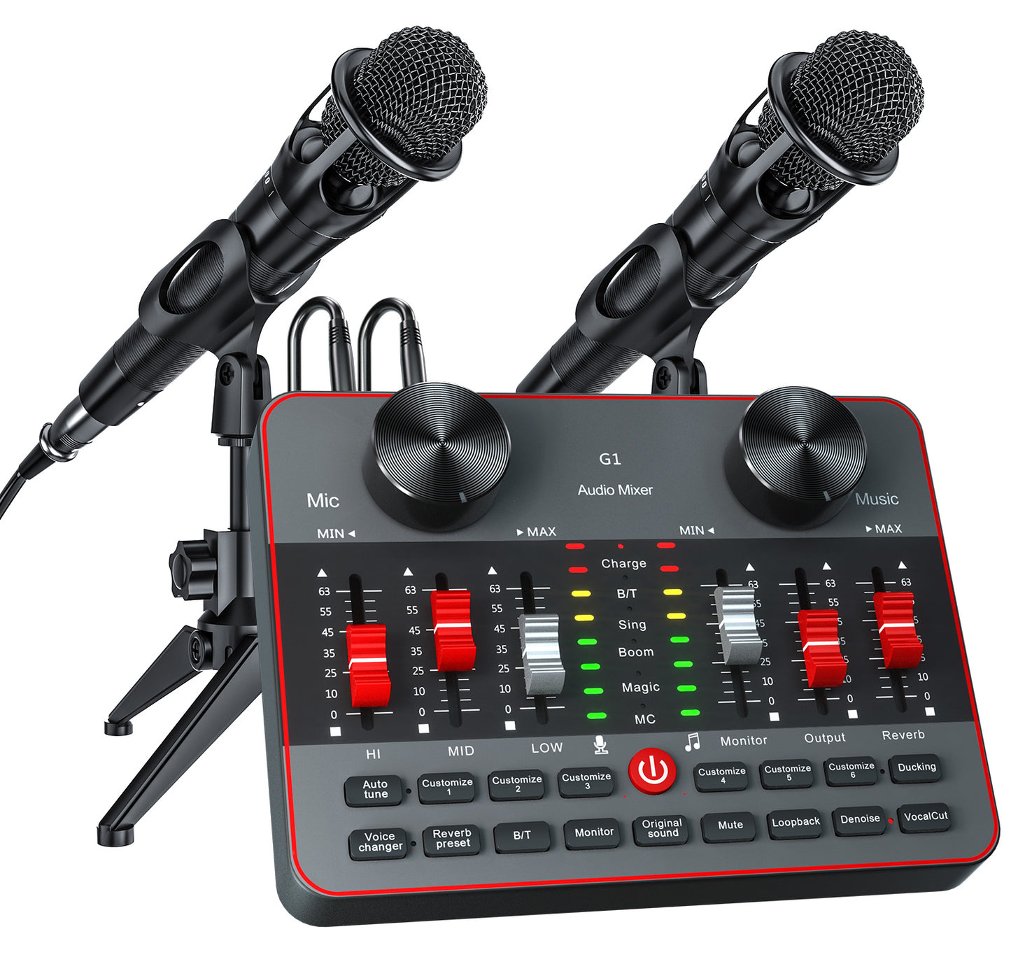 TENLAMP G1-E300 Dual Microphone Bundle: Complete 2-Person Podcast Equipment with Live Sound Card Audio Mixer, 2x 3.5mm Mics, Voice Changer & Denoise for PC/Phone Streaming, Gaming & Singing