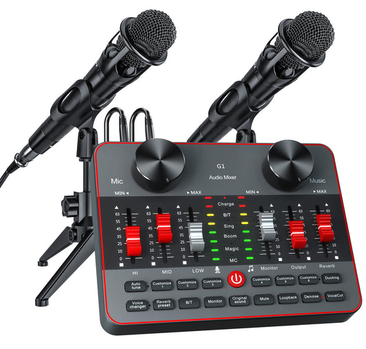 TENLAMP G1-E300 Dual Microphone Bundle: Complete 2-Person Podcast Equipment with Live Sound Card Audio Mixer, 2x 3.5mm Mics, Voice Changer & Denoise for PC/Phone Streaming, Gaming & Singing