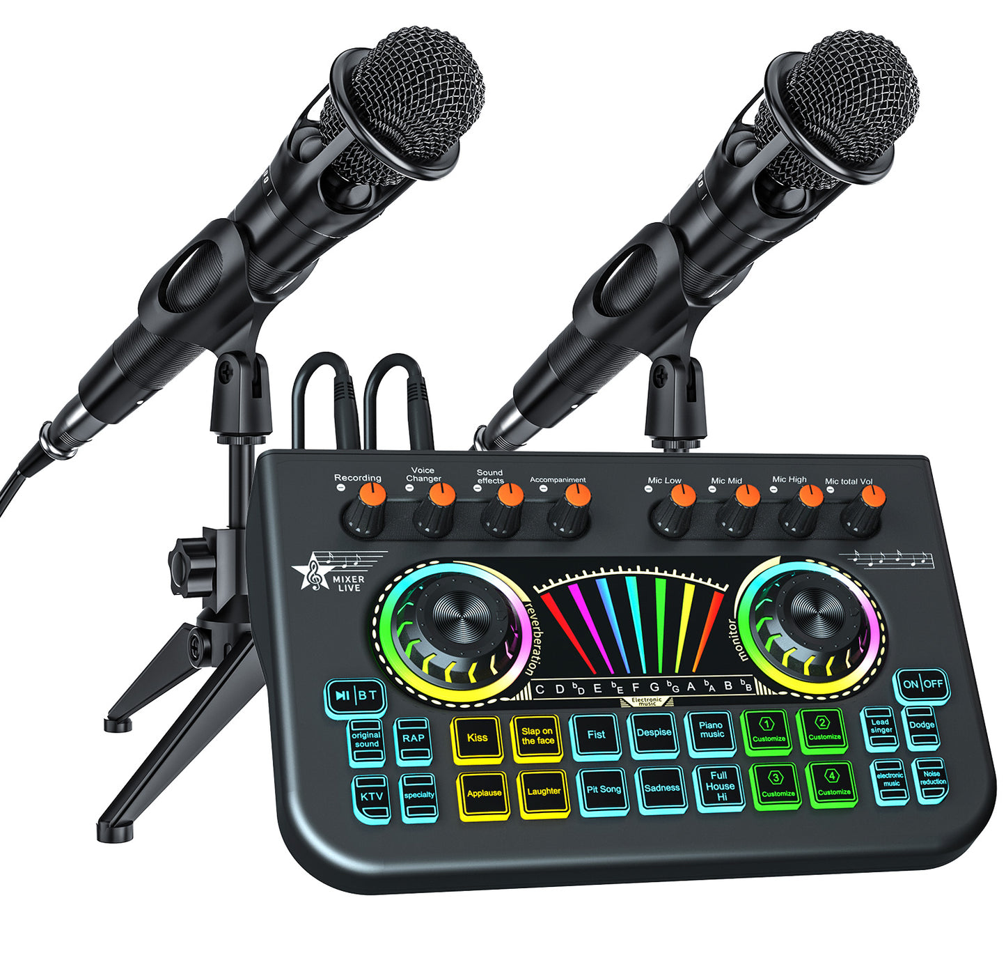 TENLAMP X3-E300 Dual Microphone Bundle: Complete 2-Person Podcast Equipment with Live Sound Card Audio Mixer, 2x 3.5mm Mics, Voice Changer & Denoise for PC/Phone Streaming, Gaming & Singing