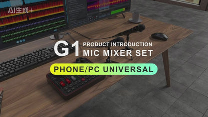 TENLAMP G1-E300 Dual Microphone Bundle: Complete 2-Person Podcast Equipment with Live Sound Card Audio Mixer, 2x 3.5mm Mics, Voice Changer & Denoise for PC/Phone Streaming, Gaming & Singing