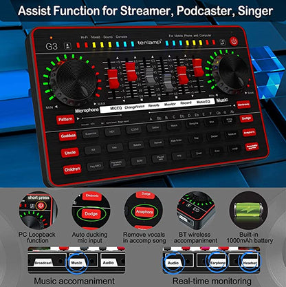 Audio Interface with Audio Mixer & Sound Card, tenlamp G3 Audio Console with Sound Board Voice Changer, Studio Vocal Effects Processor Equipment for PC Live Streaming Gaming Music Recording Podcast