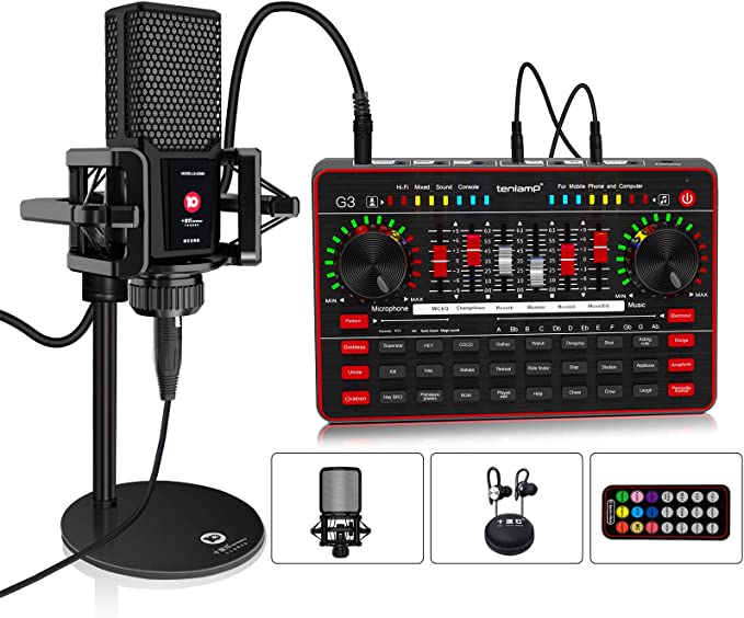 Podcast Microphone Sound Card Kit, Professional Studio Condenser Mic & G3 Live Sound Mixer/Voice Changer/Audio Interface/Audio Mixer for Streaming/Gaming/Recording/Singing/Tiktok/YouTube/PC/Computer