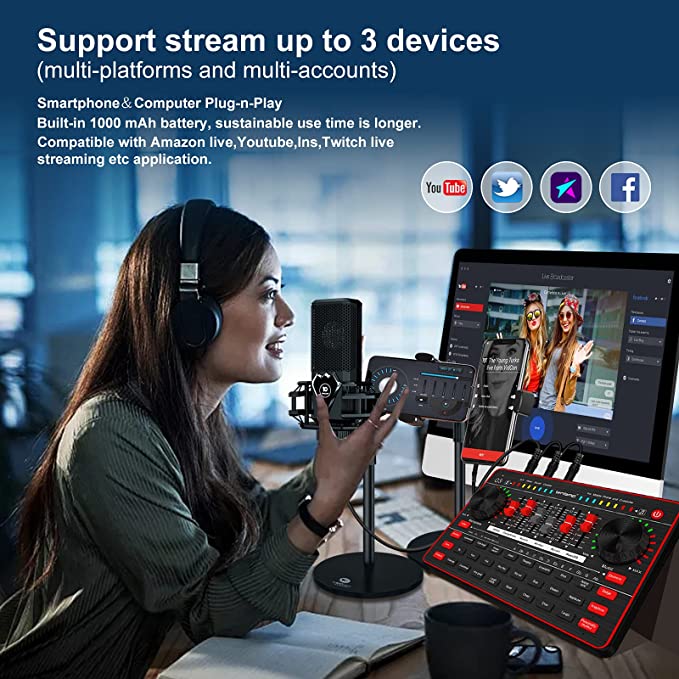 tenlamp Audio Mixer Kit, G3 Live Sound Card & M8 Studio Recording Microphone, Audio Interface Voice Changer, USB DIGITAL Podcast Equipment Bundle