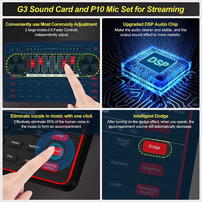tenlamp Studio equipment with Professional Podcast P10 Microphone and G3 Live Sound Card, Audio Interface with DJ Mixer and Voice Changer