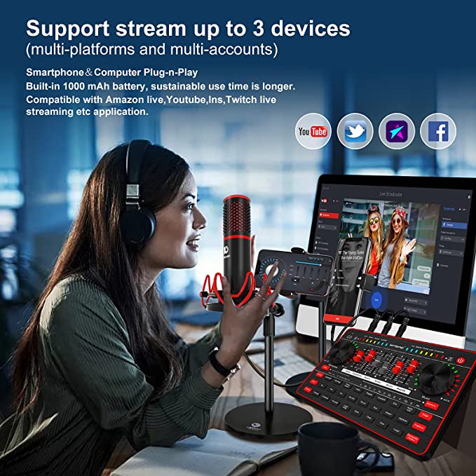 tenlamp Studio equipment with Professional Podcast P10 Microphone and G3 Live Sound Card, Audio Interface with DJ Mixer and Voice Changer