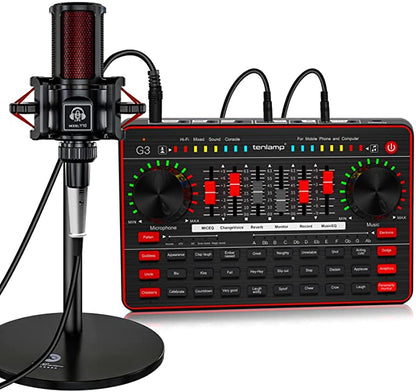 Audio Mixer Podcast Microphone Bundle, 3.5mm Mic with USB Live Sound Card Audio Interface Sound Board Voice Changer Podcast Production Equipment for Phone PC Live Streaming Recording Gaming Podcast