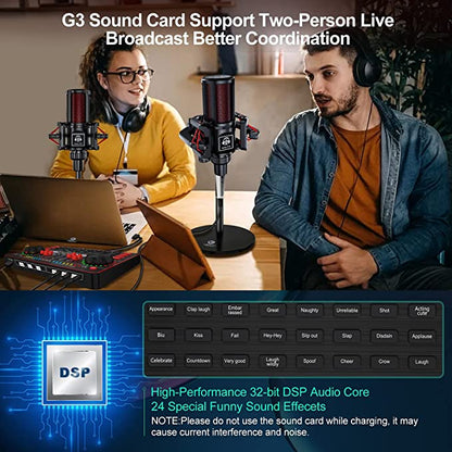 Audio Mixer Podcast Microphone Bundle, 3.5mm Mic with USB Live Sound Card Audio Interface Sound Board Voice Changer Podcast Production Equipment for Phone PC Live Streaming Recording Gaming Podcast