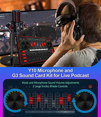 Audio Mixer Podcast Microphone Bundle, 3.5mm Mic with USB Live Sound Card Audio Interface Sound Board Voice Changer Podcast Production Equipment for Phone PC Live Streaming Recording Gaming Podcast