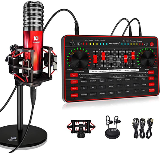 Audio Interface Live Sound Card DJ Mixer Kit for 3.5mm XLR Condenser Microphone Voice Changer for Guitar Studio Recording Broadcasting Streaming Gaming YouTube for Cellphone PC Computer Mac Laptop