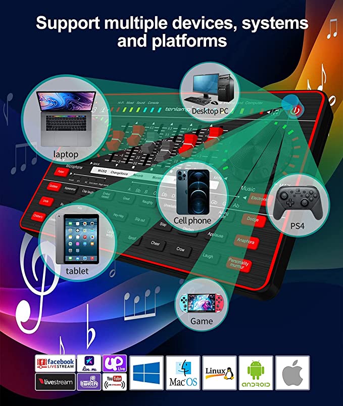 Audio Interface Live Sound Card DJ Mixer Kit for 3.5mm XLR Condenser Microphone Voice Changer for Guitar Studio Recording Broadcasting Streaming Gaming YouTube for Cellphone PC Computer Mac Laptop